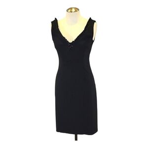 V Neck Midi Length Black Knee Length Strech Sheath Ruffle Trim Neckline Dress 6